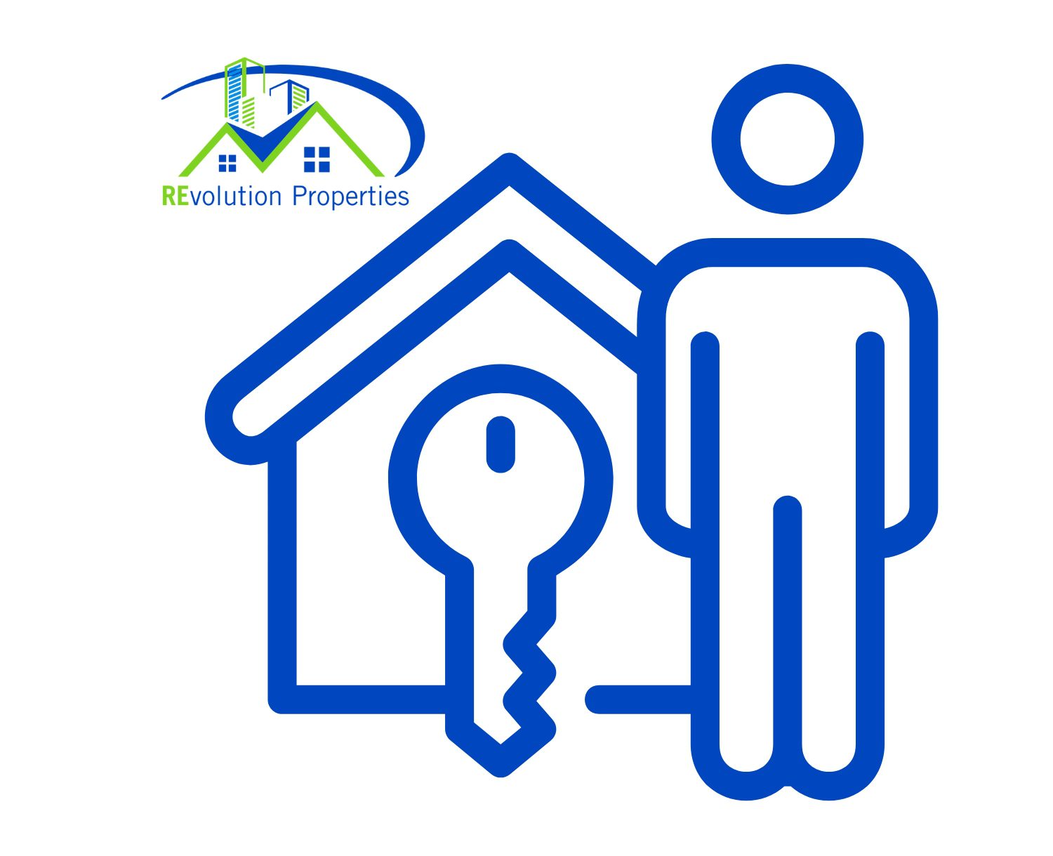 Graphic with the Revolution Properties logo above a blue outline of a person standing next to a house with a large key symbol in the center. Represents renters, landlords, and property access.
